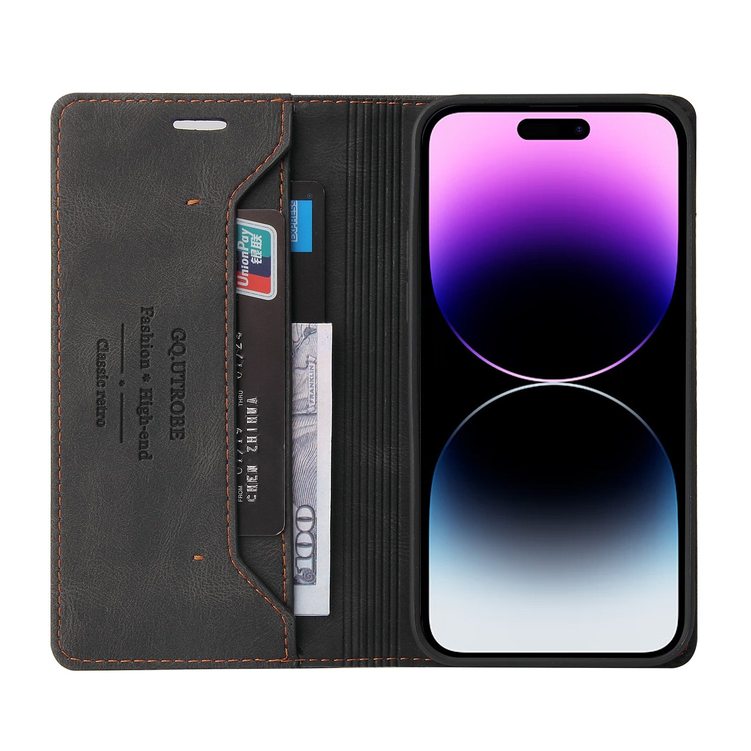 Řada GQ.UTROBE 008 pro iPhone 14 Pro Max Blokování RFID na dotek na dotek Plně zabalený PU kožený stojan na peněženku Pouzdro na telefon Řada GQ.UTROBE 008 pro iPhone 14 Pro Max Blokování RFID na dotek na dotek Plně zabalený PU kožený stojan na peněženku Pouzdro na telefon